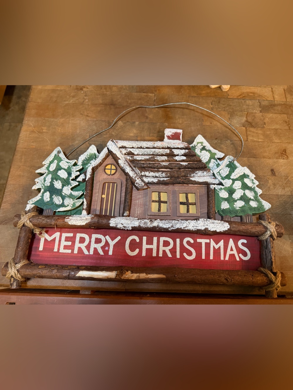 Rustic Merry Christmas Winter Cabin in the Woods Holiday Wall Hanging